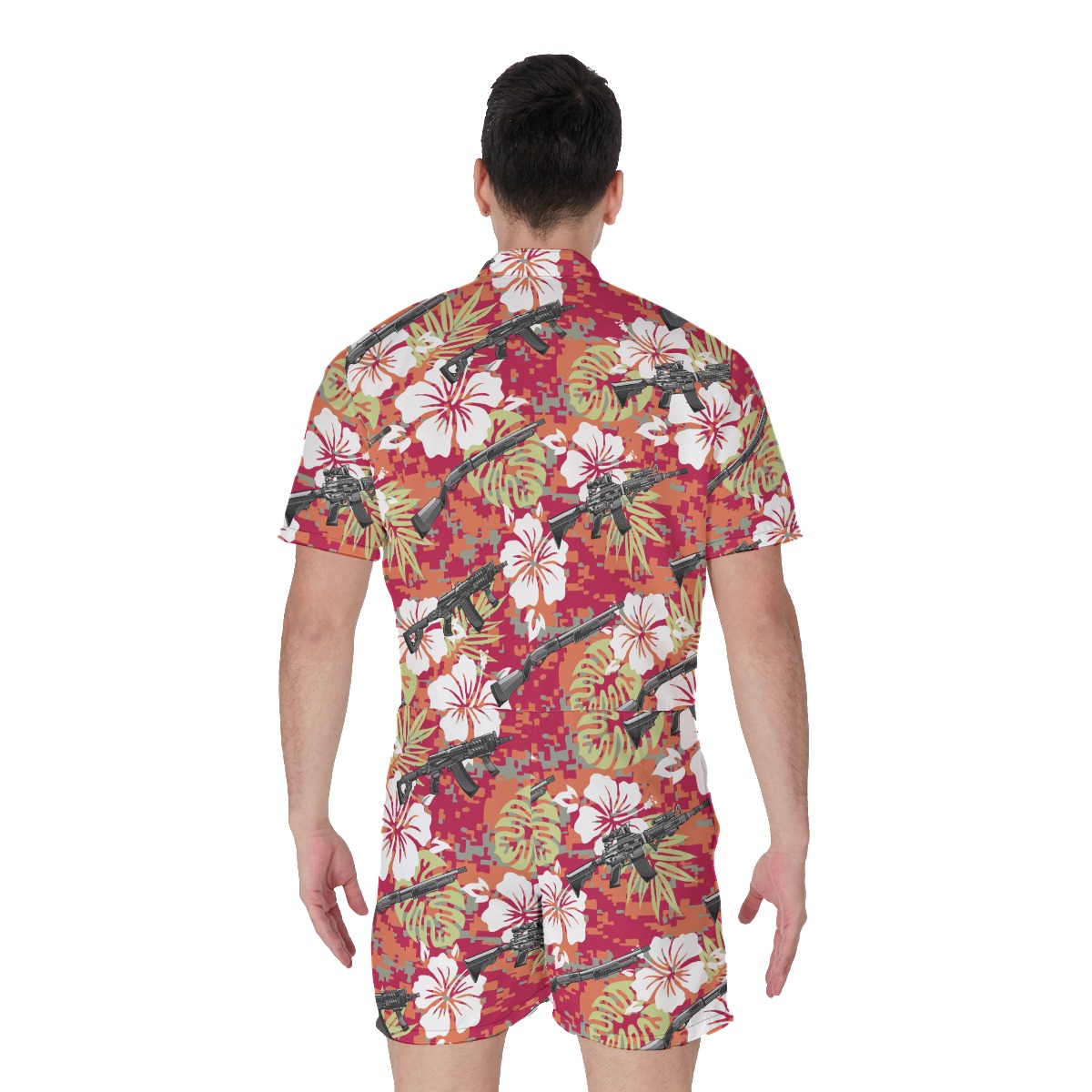 Red Hibiscus Camo Tactical Gun Men's Hawaiian Romper
