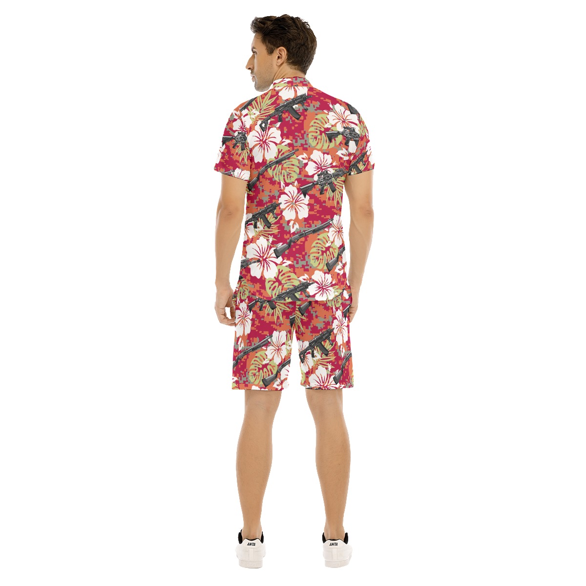 Set Tactical Gun Hibiscus Hawaiian Shirt And Matching Shorts For Men