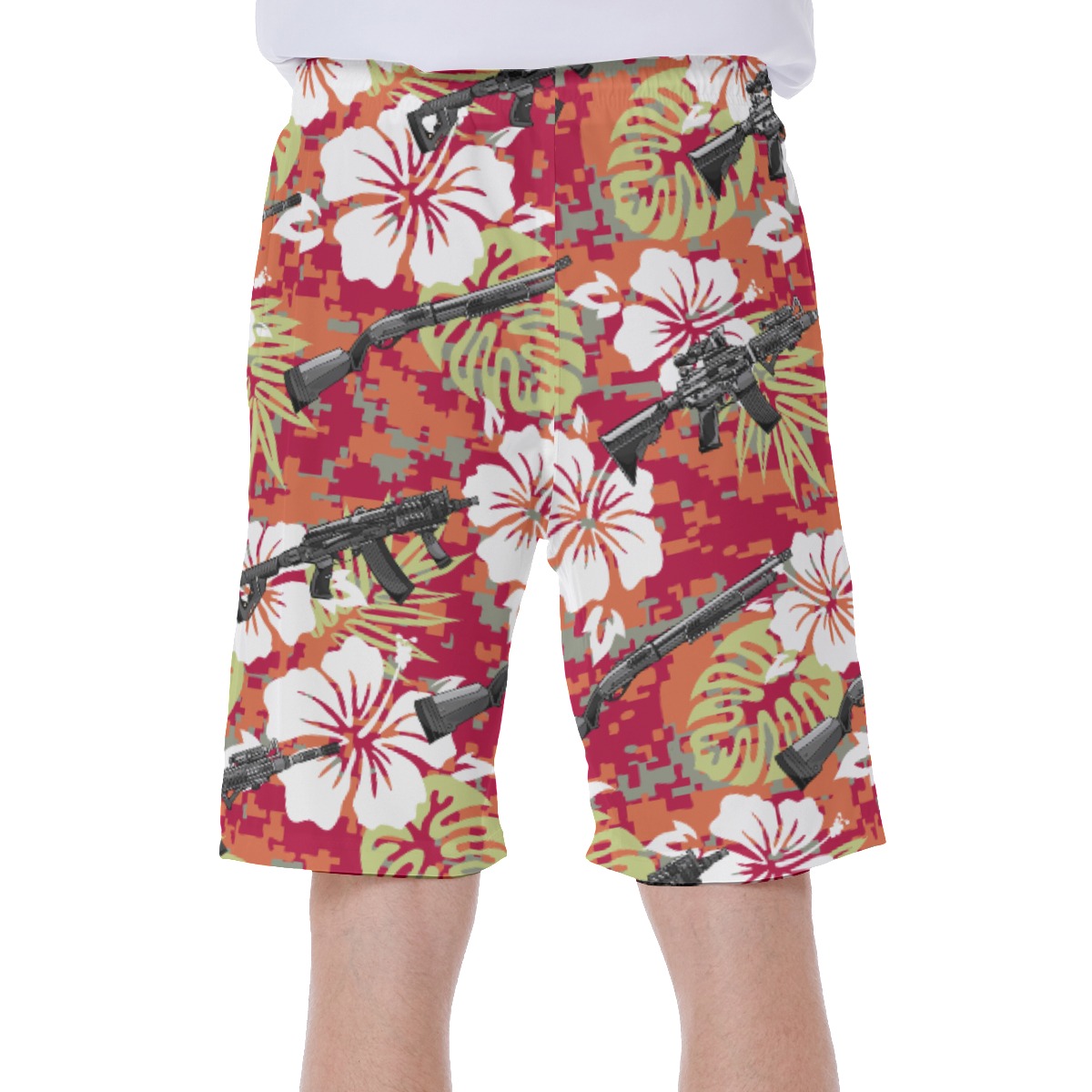 Cool Tactical Gun Hibiscus Camo Men's Red Hawaiian Swim Trunks