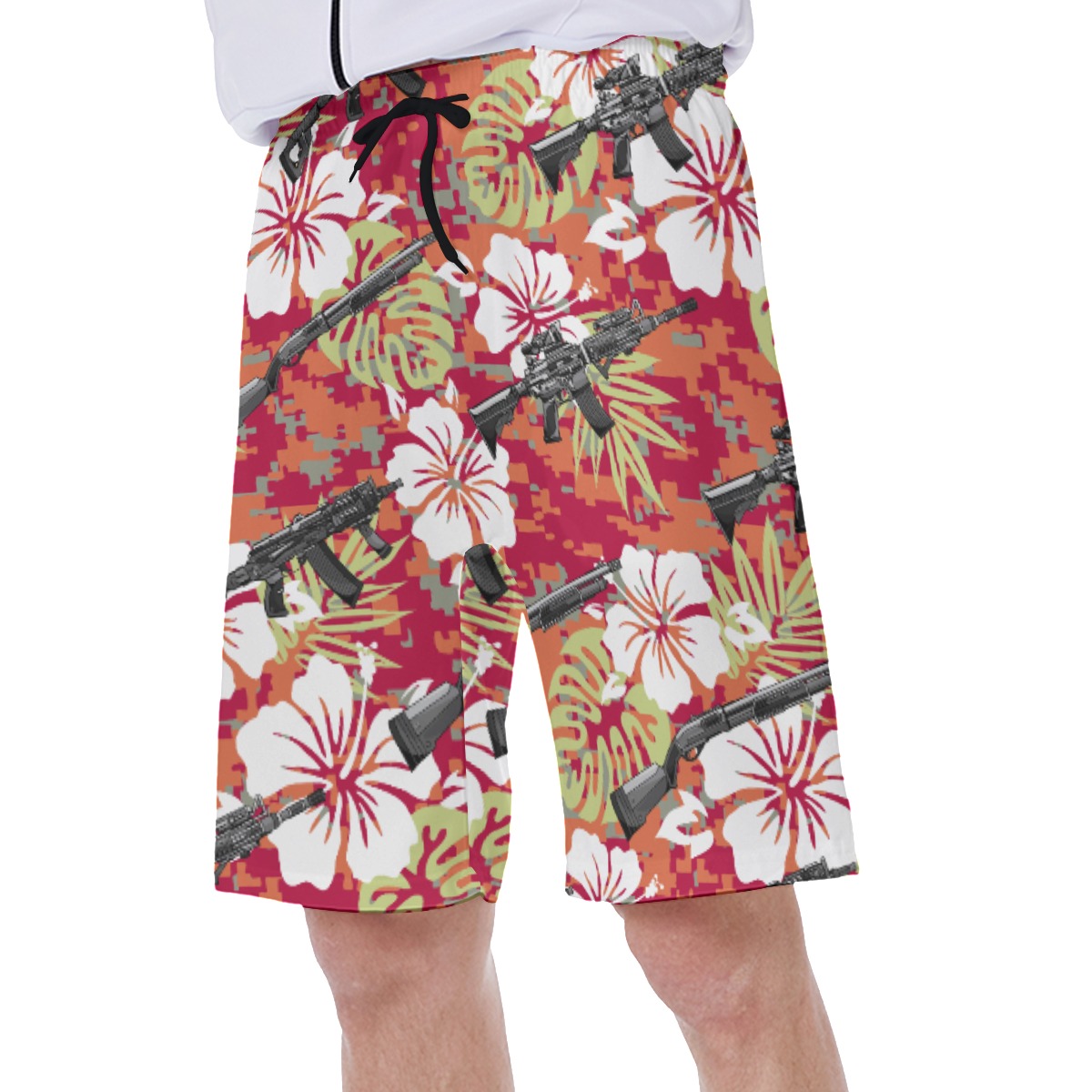 Cool Tactical Gun Hibiscus Camo Men's Red Hawaiian Swim Trunks