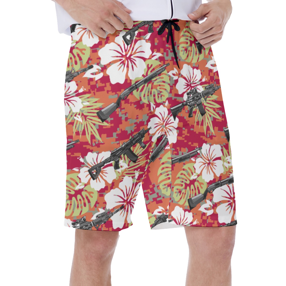 Cool Tactical Gun Hibiscus Camo Men's Red Hawaiian Swim Trunks