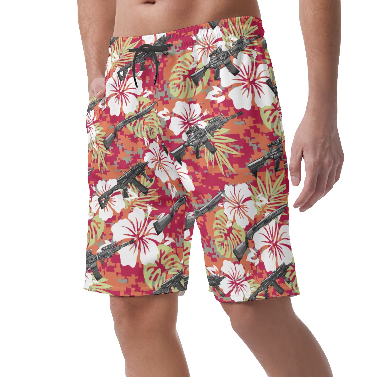 Red Camouflage Hibiscus Tactical Hawaiian Beach Shorts