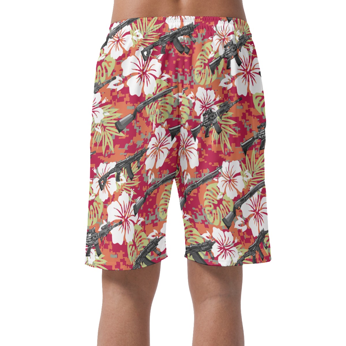 Red Camouflage Hibiscus Tactical Hawaiian Beach Shorts