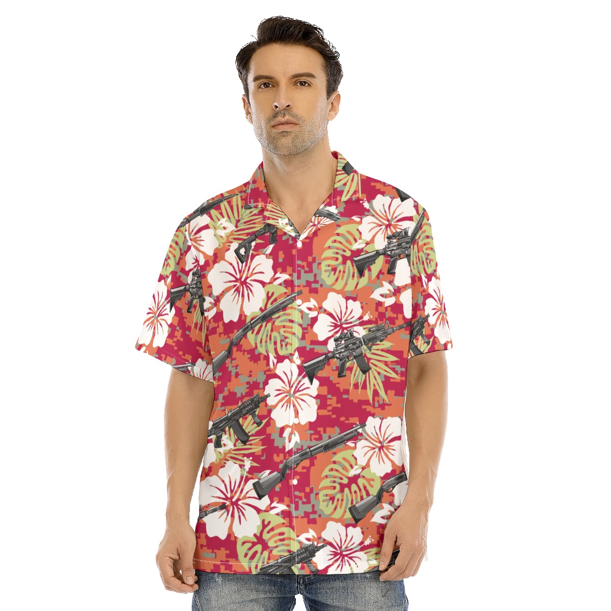 Hibiscus Camo Tactical Gun Red Hawaiian Shirt - variant image 1