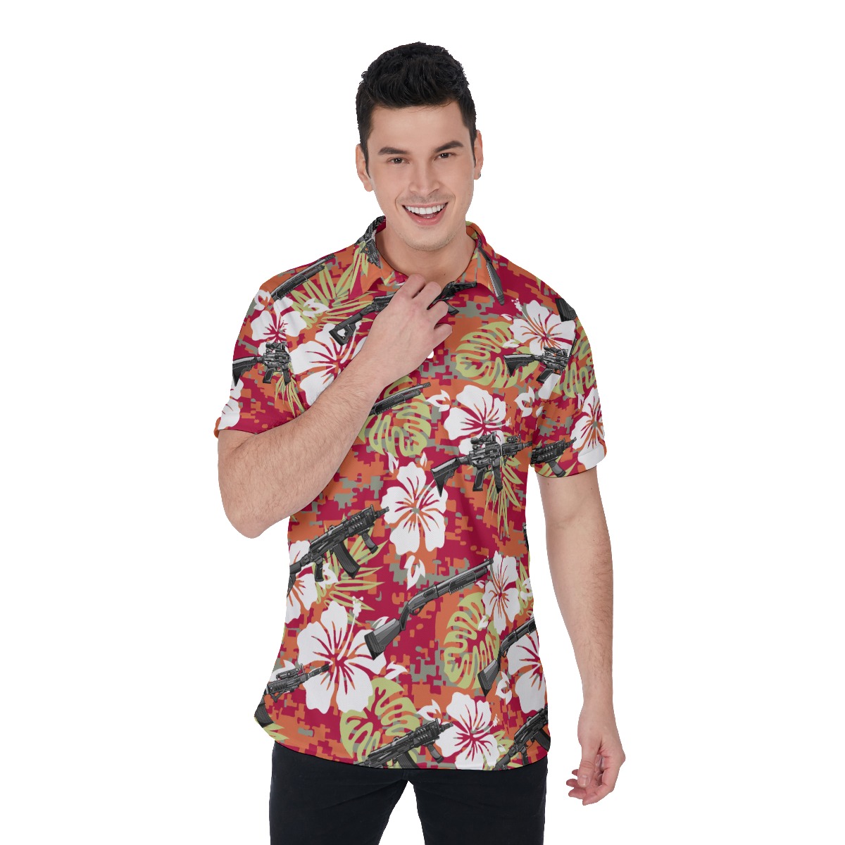 Tactical Camo Hibiscus Gun Hawaiian Polo Golf Shirt - variant image 1