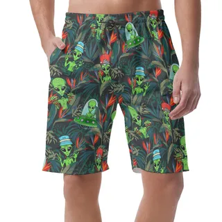 Tropical Alien UFO Men's Hawaiian Beach Shorts