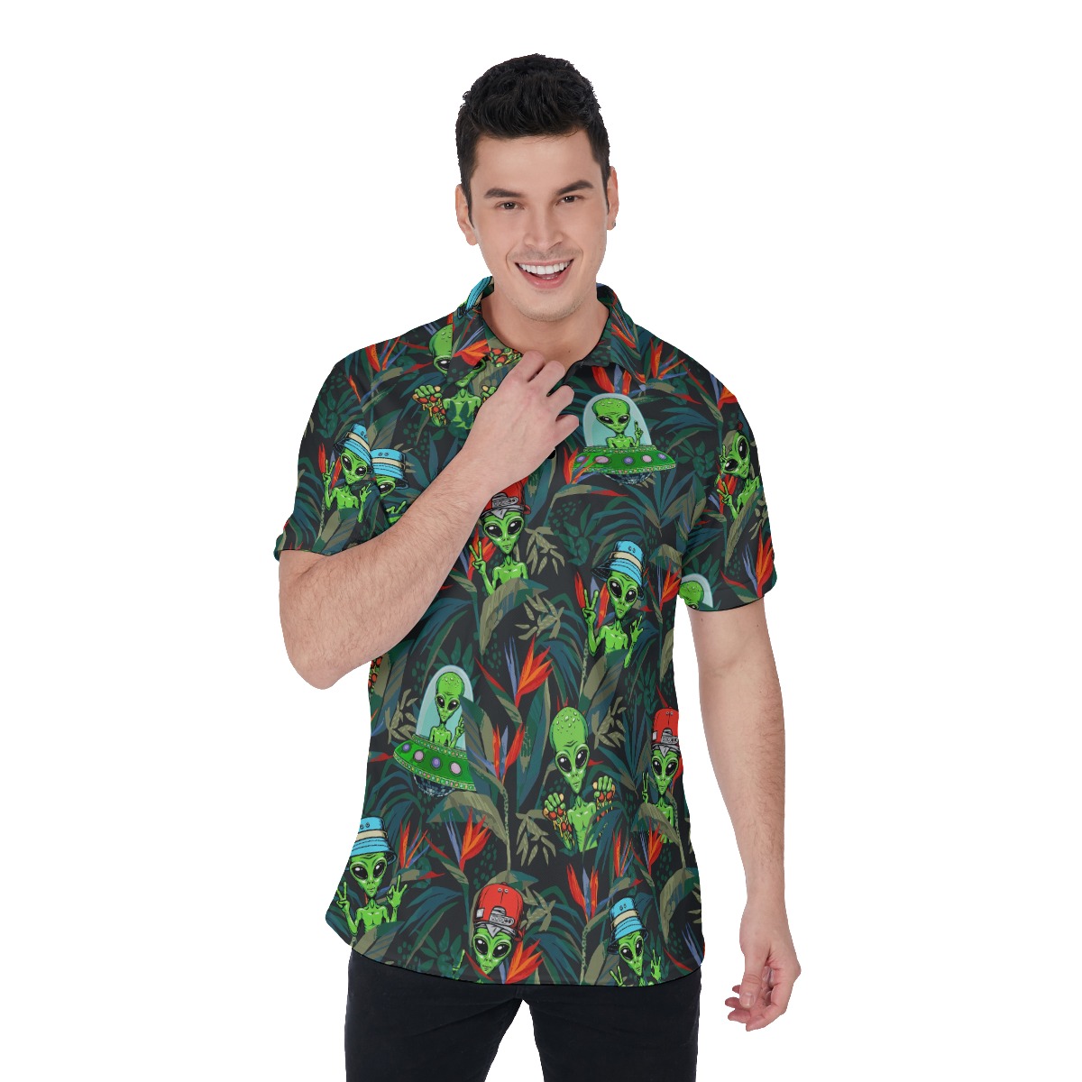 Tropical UFO Alien Green Hawaiian Polo Shirt For Men - variant image 1
