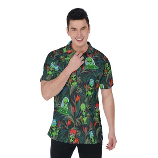 Tropical UFO Alien Green Hawaiian Polo Shirt For Men