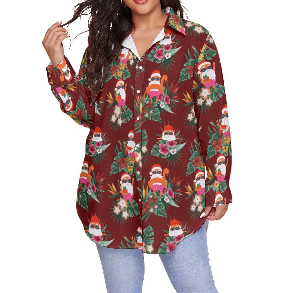 Cute Santa Plus Size Hawaiian Christmas Shirt For Women - variant image 1