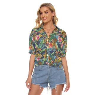 Tropical Hibiscus Dinosaur Taco Hawaiian Crop Top Shirt For Women