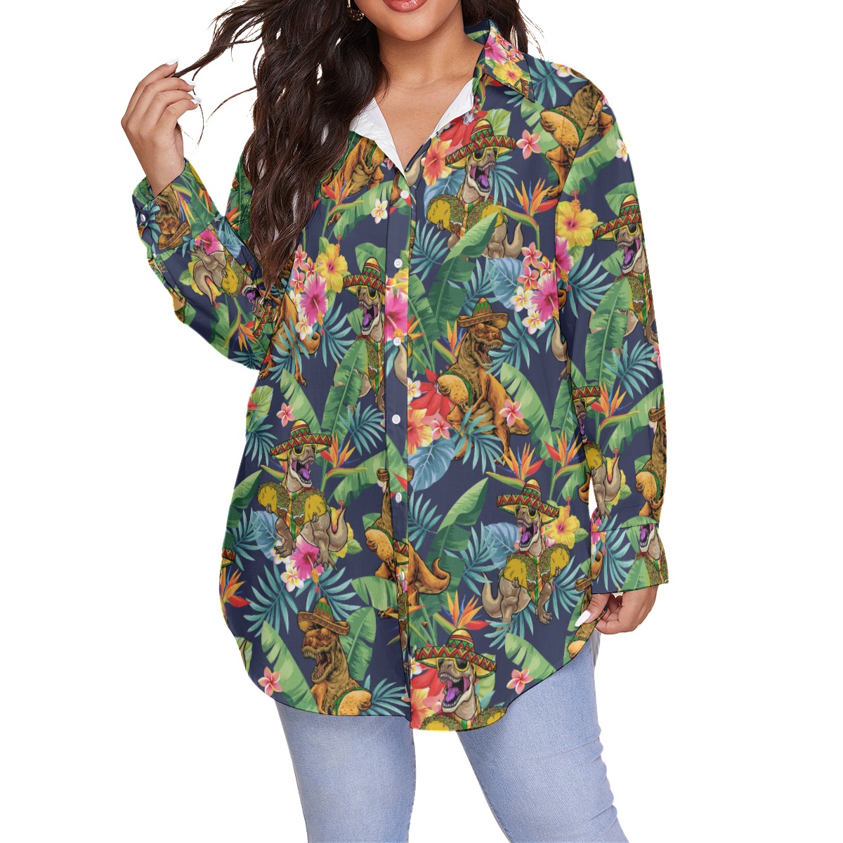 Funny Taco Dinosaur Tropical Hibiscus Hawaiian Plus Size Shirt For Women - variant image 1