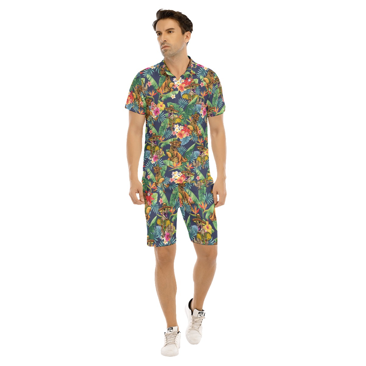 Set Tropical Dinosaur Taco Flowers Hawaiian Shirt And Matching Shorts For Men - variant image 1