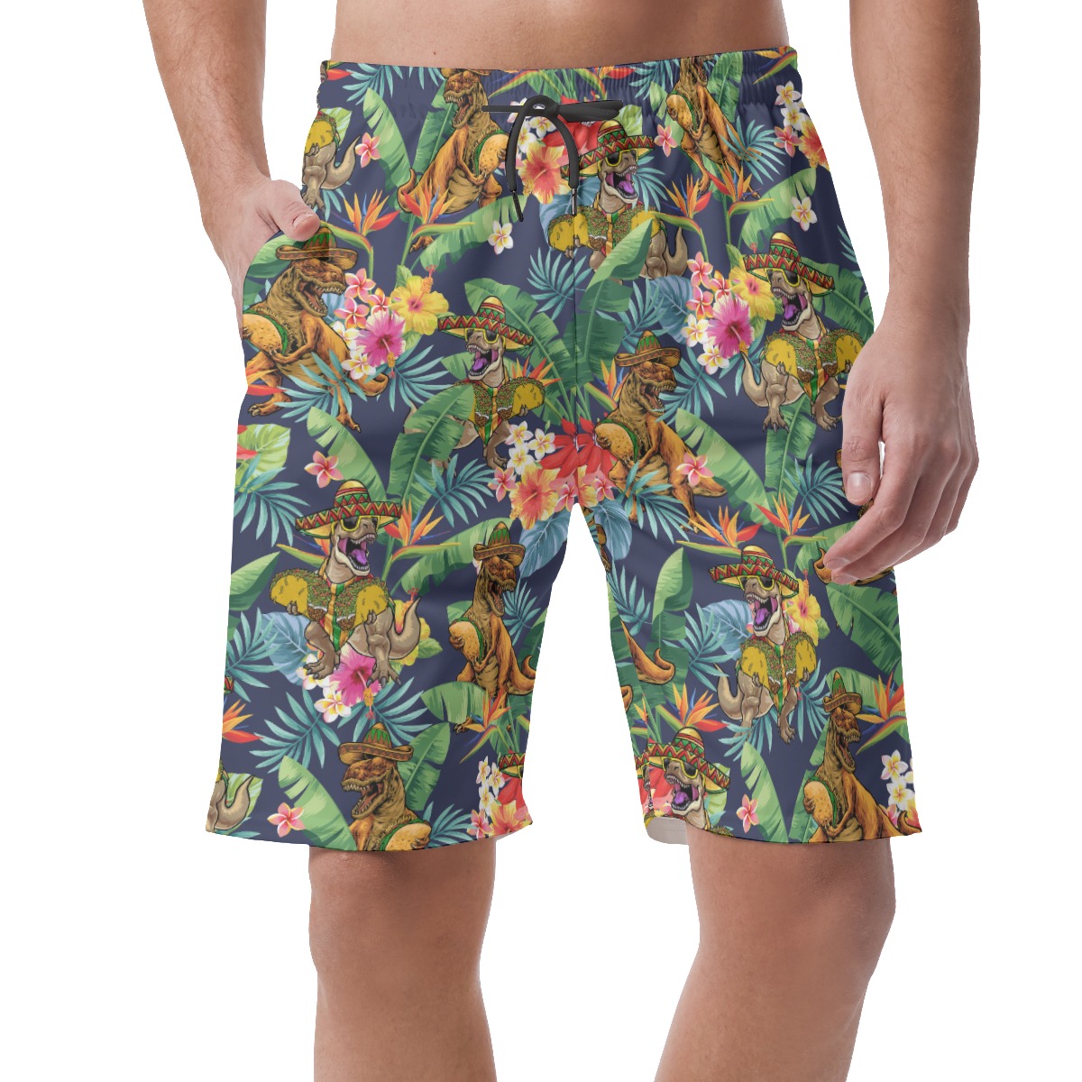 Funny Dinosaur Taco Tropical Flowers Hawaiian Beach Shorts - variant image 1