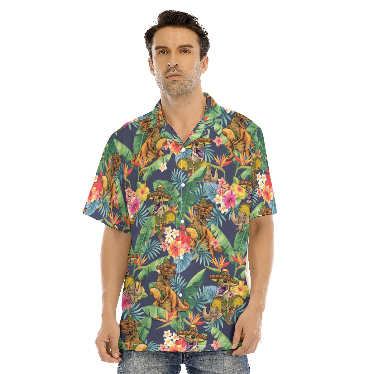 Funny Taco Dinosaur Tropical Hibiscus Hawaiian Collared Shirt - variant image 1