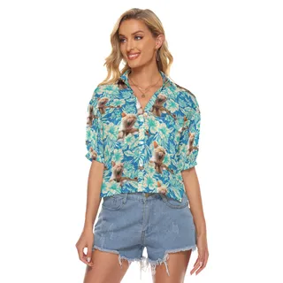Floral Tactical Cat Gun Hawaiian Cropped Shirt For Women
