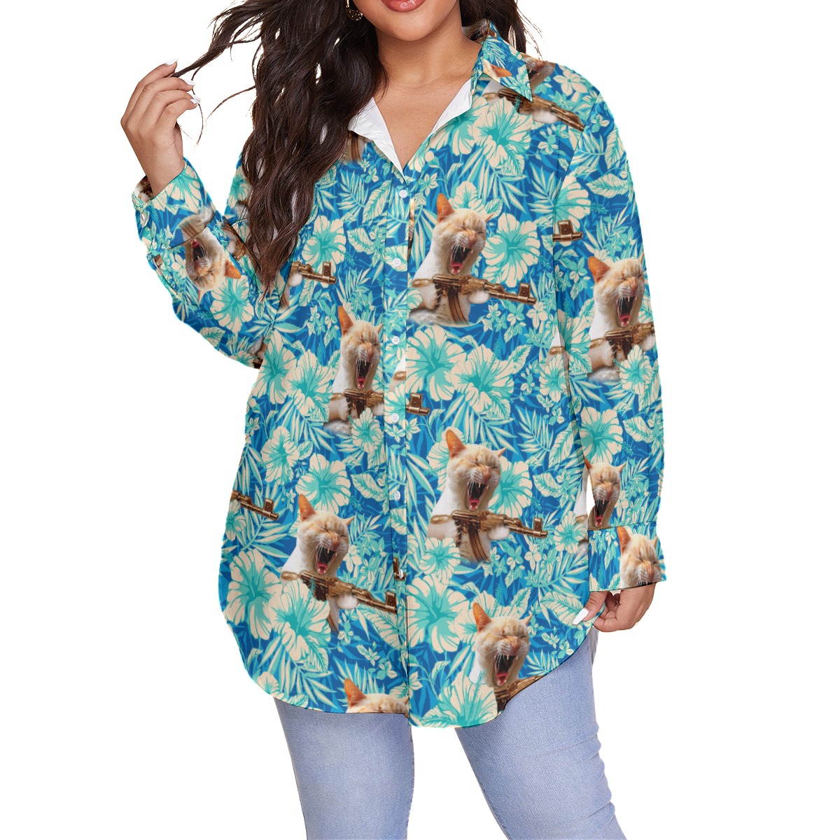 Funny Machine Gun Cat Tactical Floral Blue Hawaiian Plus Size Shirt For Women - variant image 1