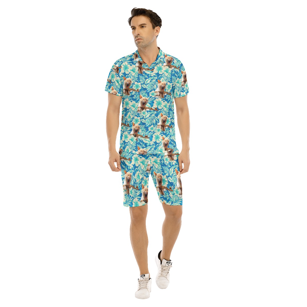 Set Tactical Cat Floral Blue Hawaiian Shirt And Matching Shorts For Men - variant image 1