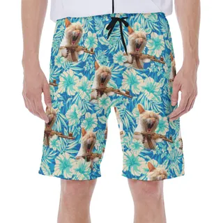 Funny Floral Amry Cat Blue Hawaiian Swim Trunks For Men