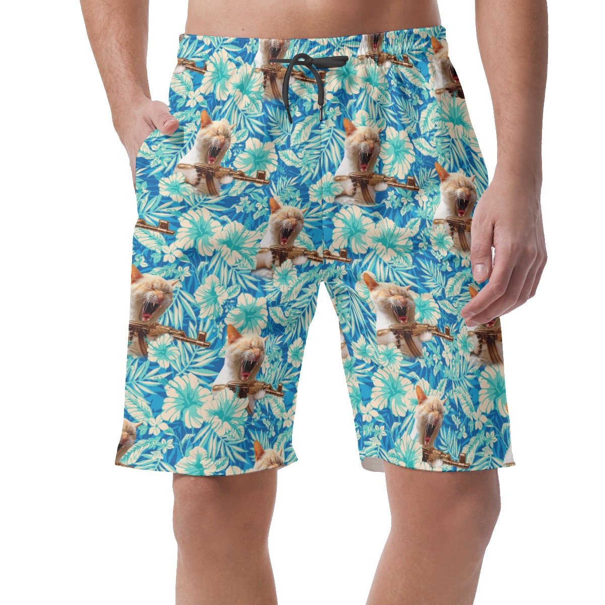 Funny Cat With Gun Floral Hawaiian Beach Shorts For Men - variant image 1