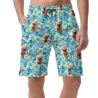 Funny Cat With Gun Floral Hawaiian Beach Shorts For Men