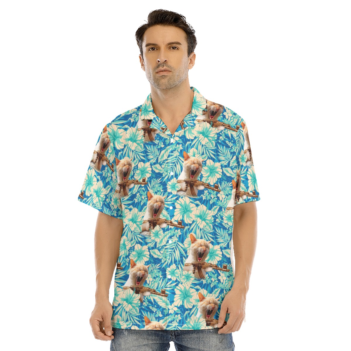 Machine Gun Cat Tactical Blue Hawaiian Shirt - variant image 1