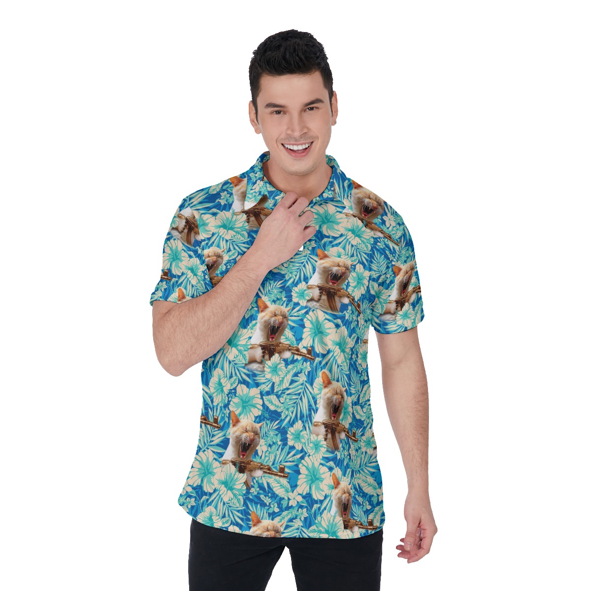 Funny Tactical Cat With Gun Blue Floral Hawaiian Men's Polo Shirt - variant image 1