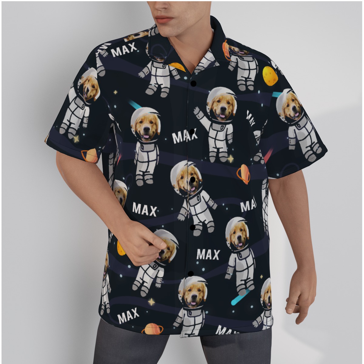 Custom Dog Face And Name Astronaut In Space Men's Hawaiian Shirts - variant image 1