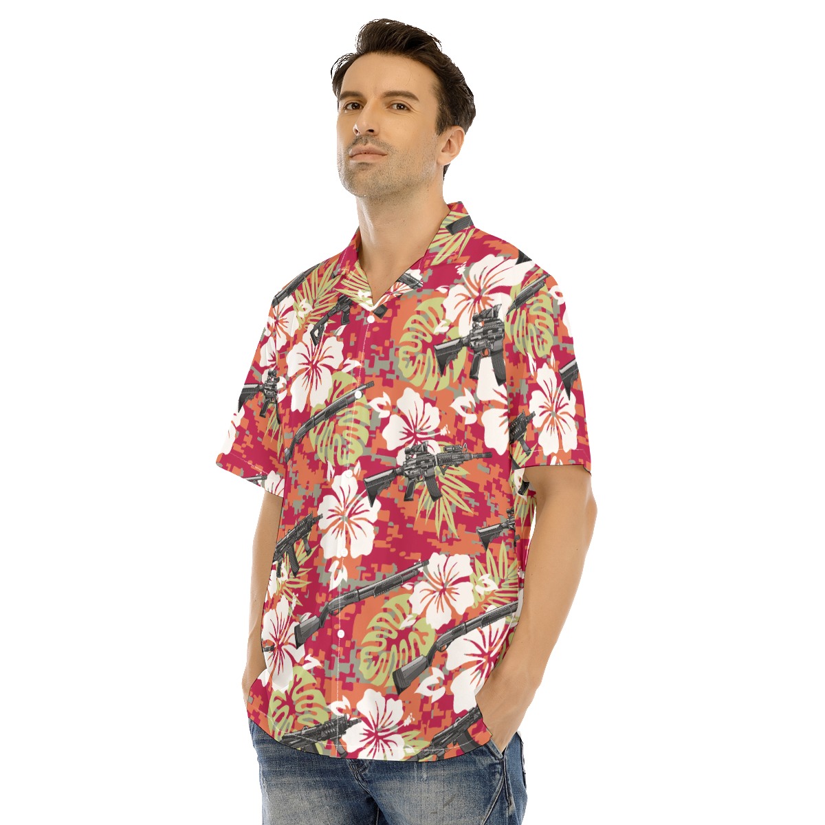 Hibiscus Camo Tactical Gun Red Hawaiian Shirt