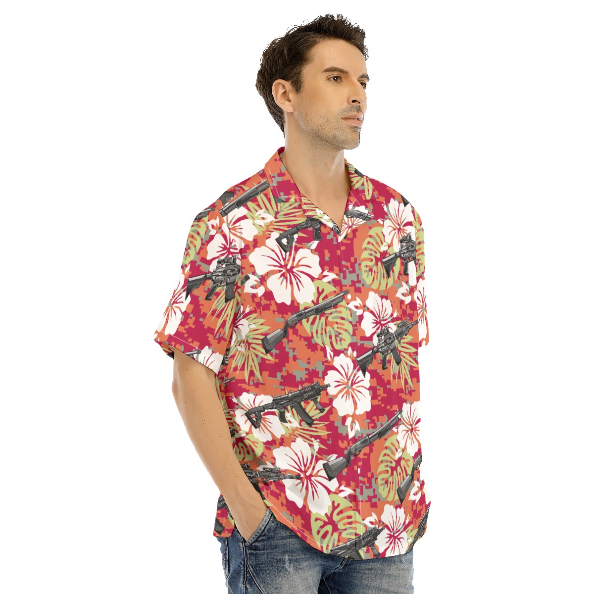 Hibiscus Camo Tactical Gun Red Hawaiian Shirt