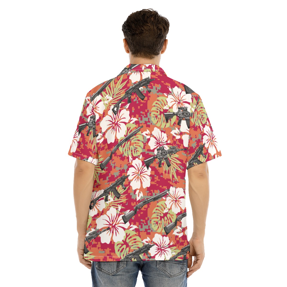 Hibiscus Camo Tactical Gun Red Hawaiian Shirt