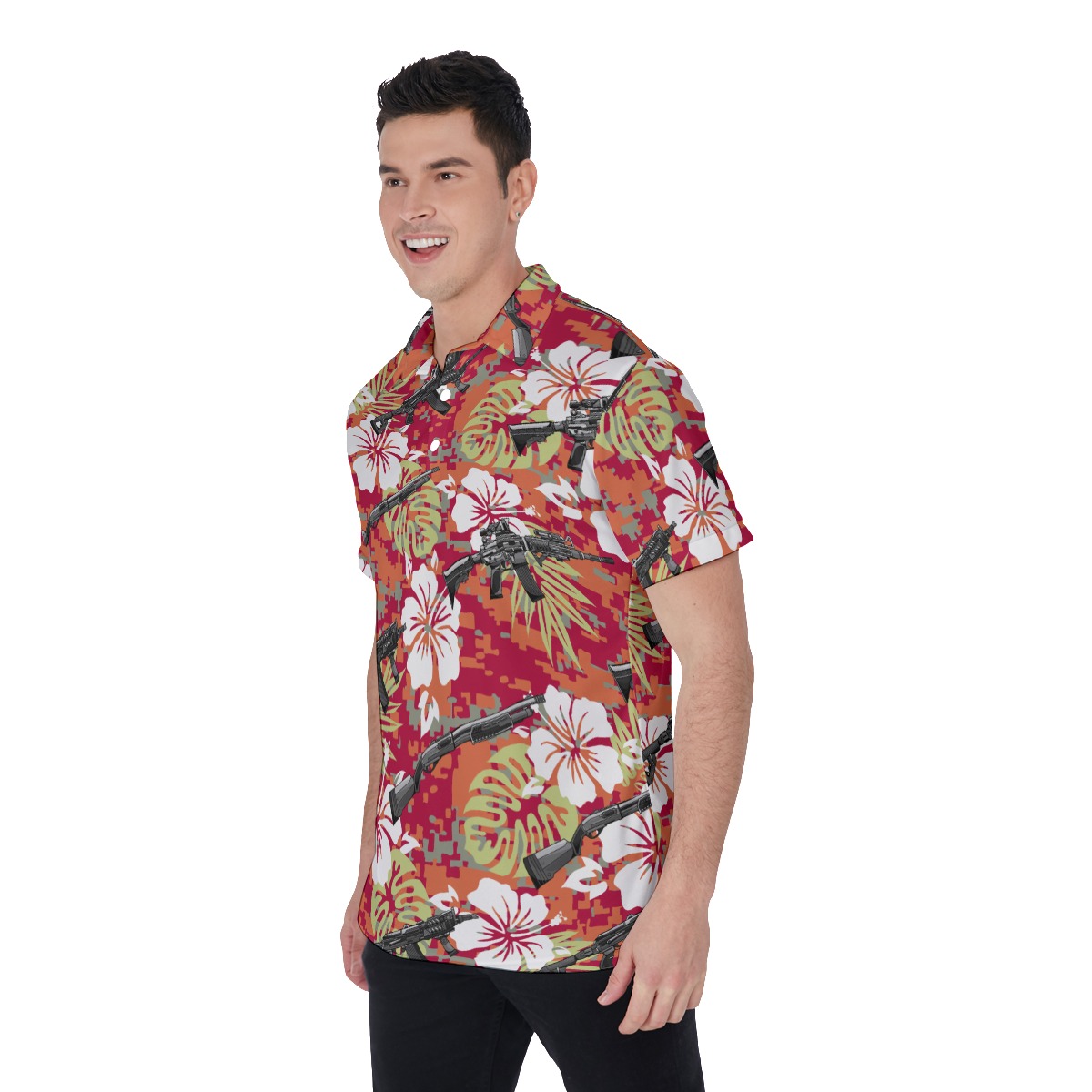 Tactical Camo Hibiscus Gun Hawaiian Polo Golf Shirt