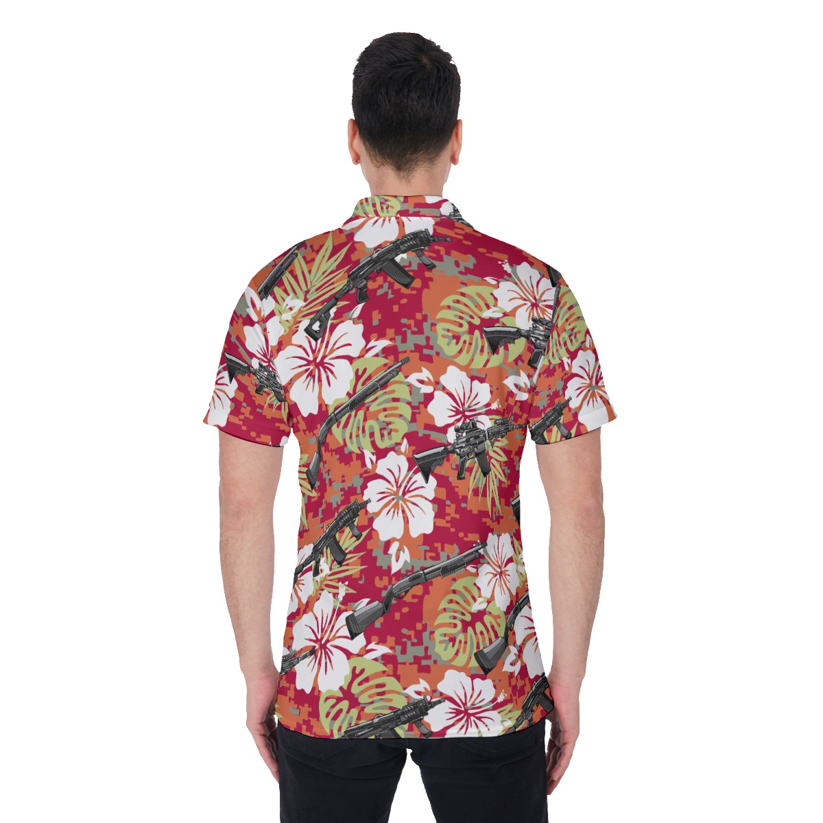 Tactical Camo Hibiscus Gun Hawaiian Polo Golf Shirt