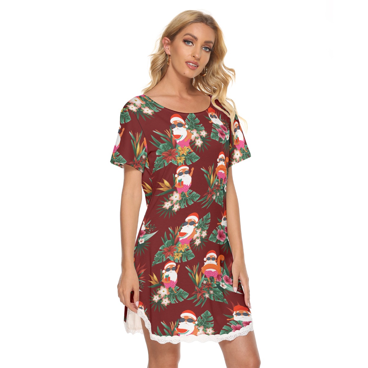 Funny Santa Going Swimming Hawaiian Christmas Lace Dress For Women