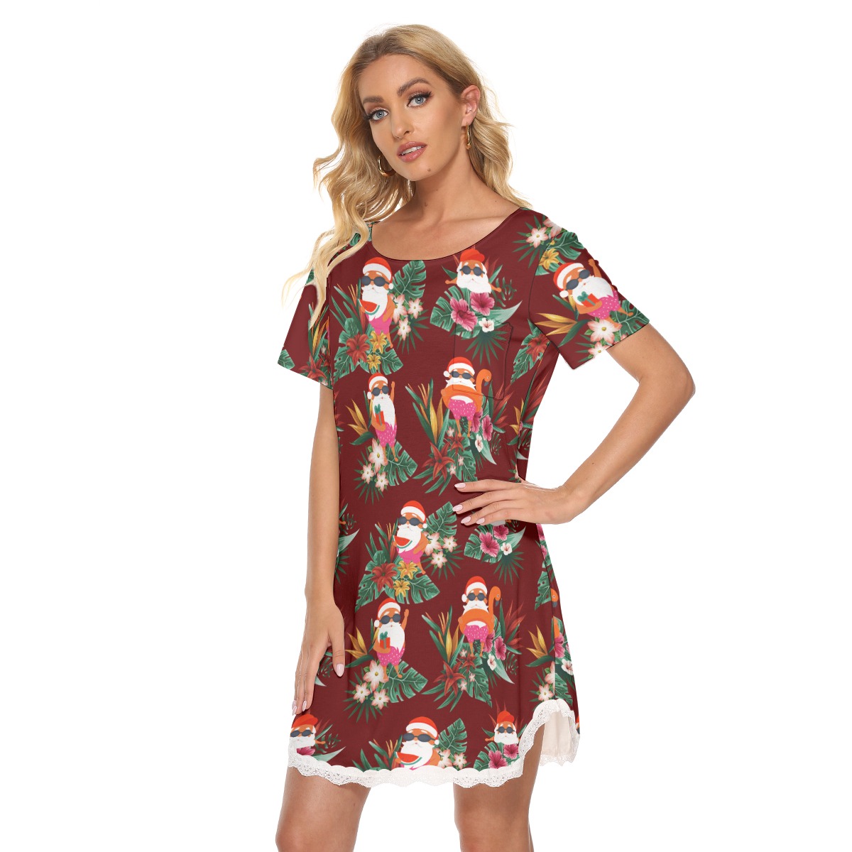 Funny Santa Going Swimming Hawaiian Christmas Lace Dress For Women