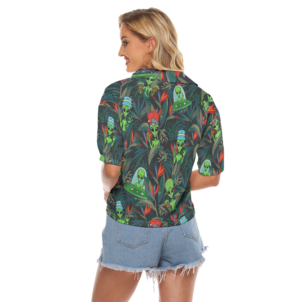Funny Alien Tropical Hawaiian Crop Top Shirt For Women