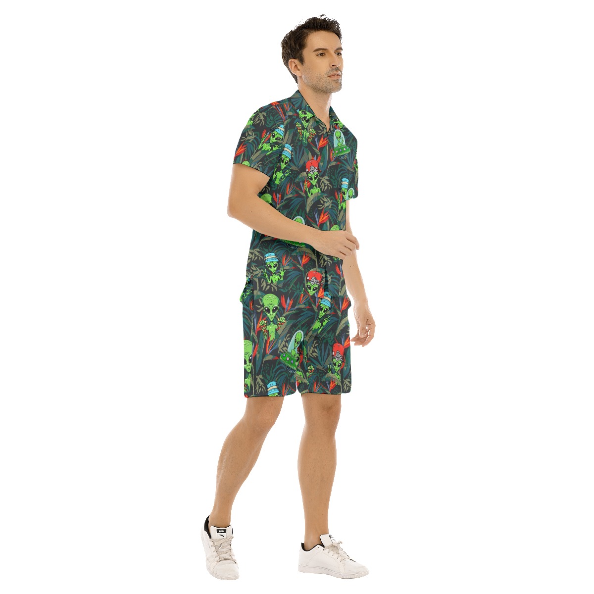 Set Alien Tropical Hawaiian Shirt And Matching Shorts For Men