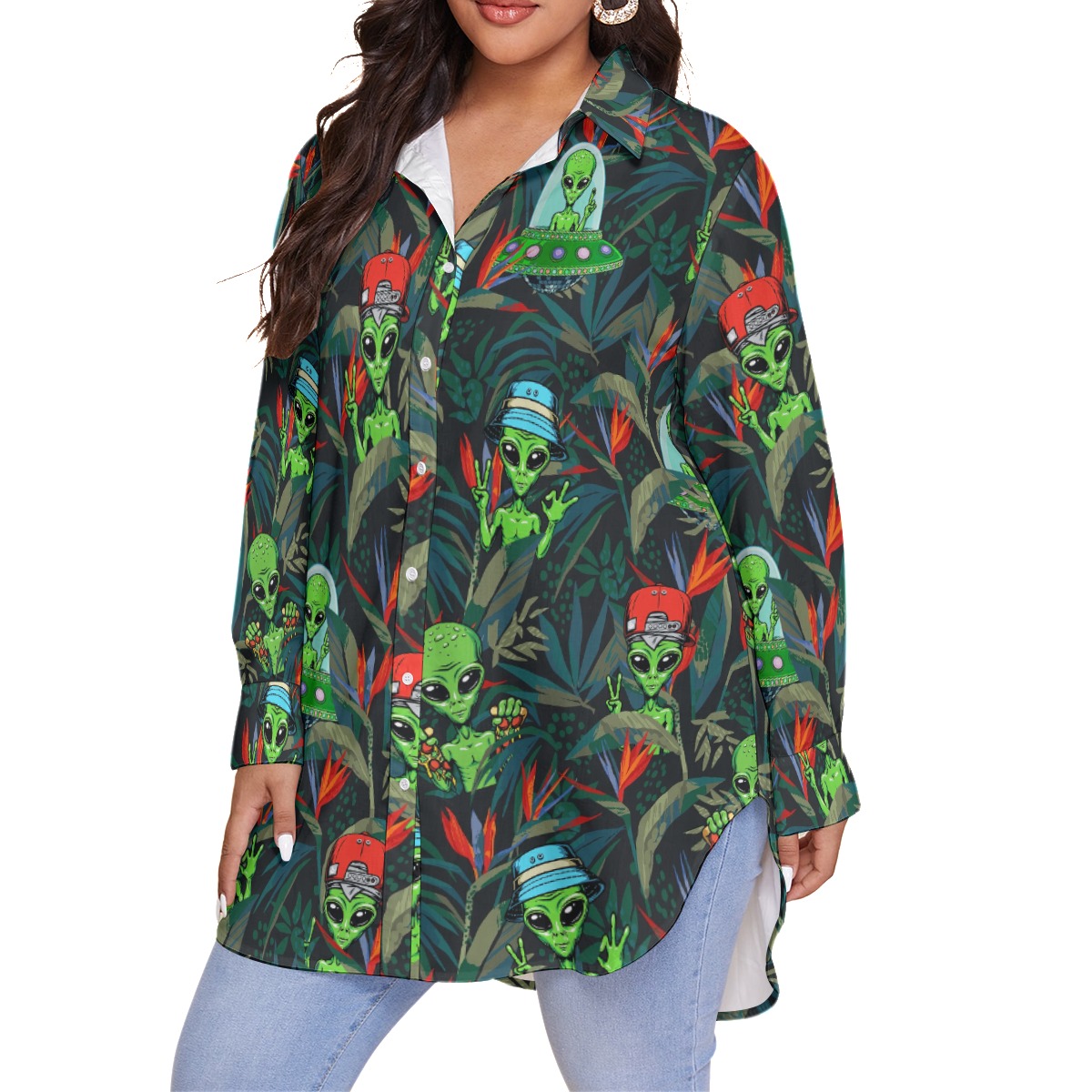 UFO Alien Tropical Hawaiian Plus Size Shirt For Women