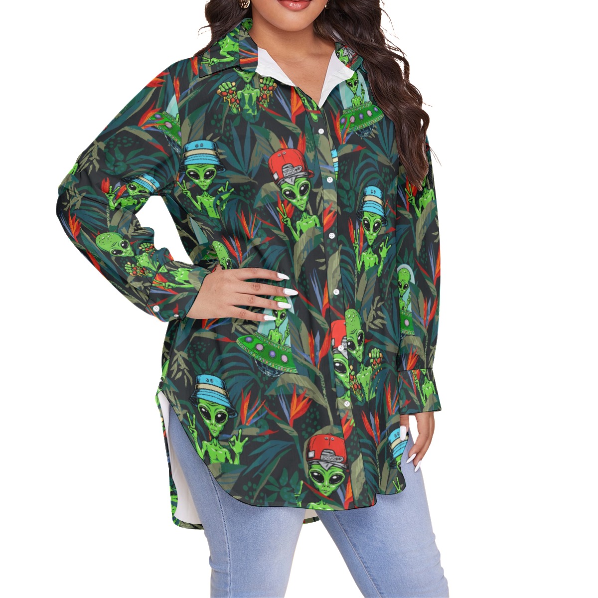 UFO Alien Tropical Hawaiian Plus Size Shirt For Women