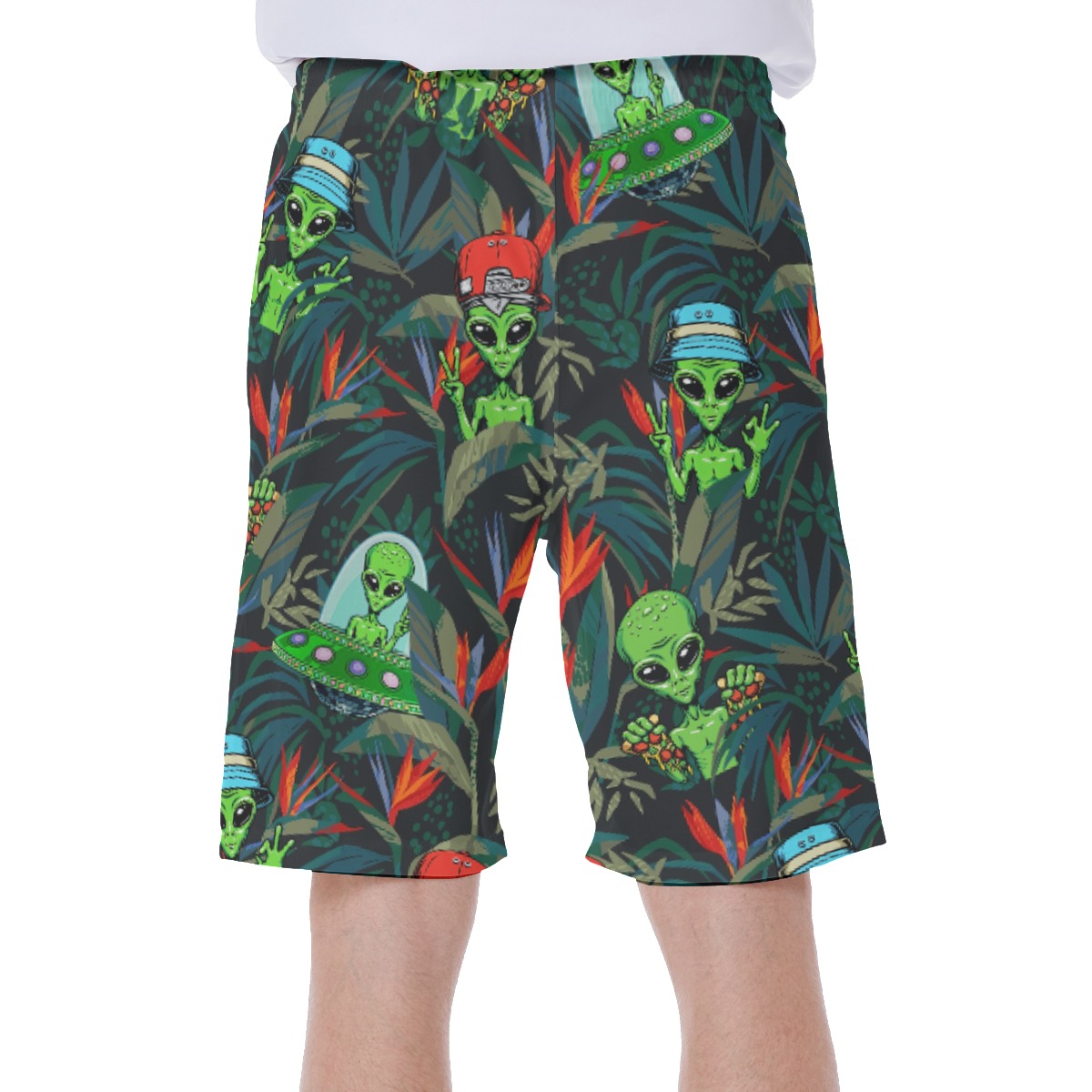 Funny UFO Alien Tropical Hawaiian Swim Trunks For Men