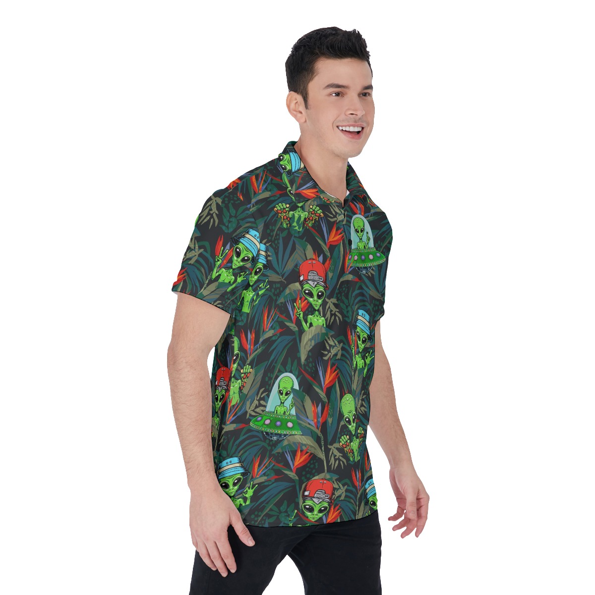 Tropical UFO Alien Green Hawaiian Polo Shirt For Men