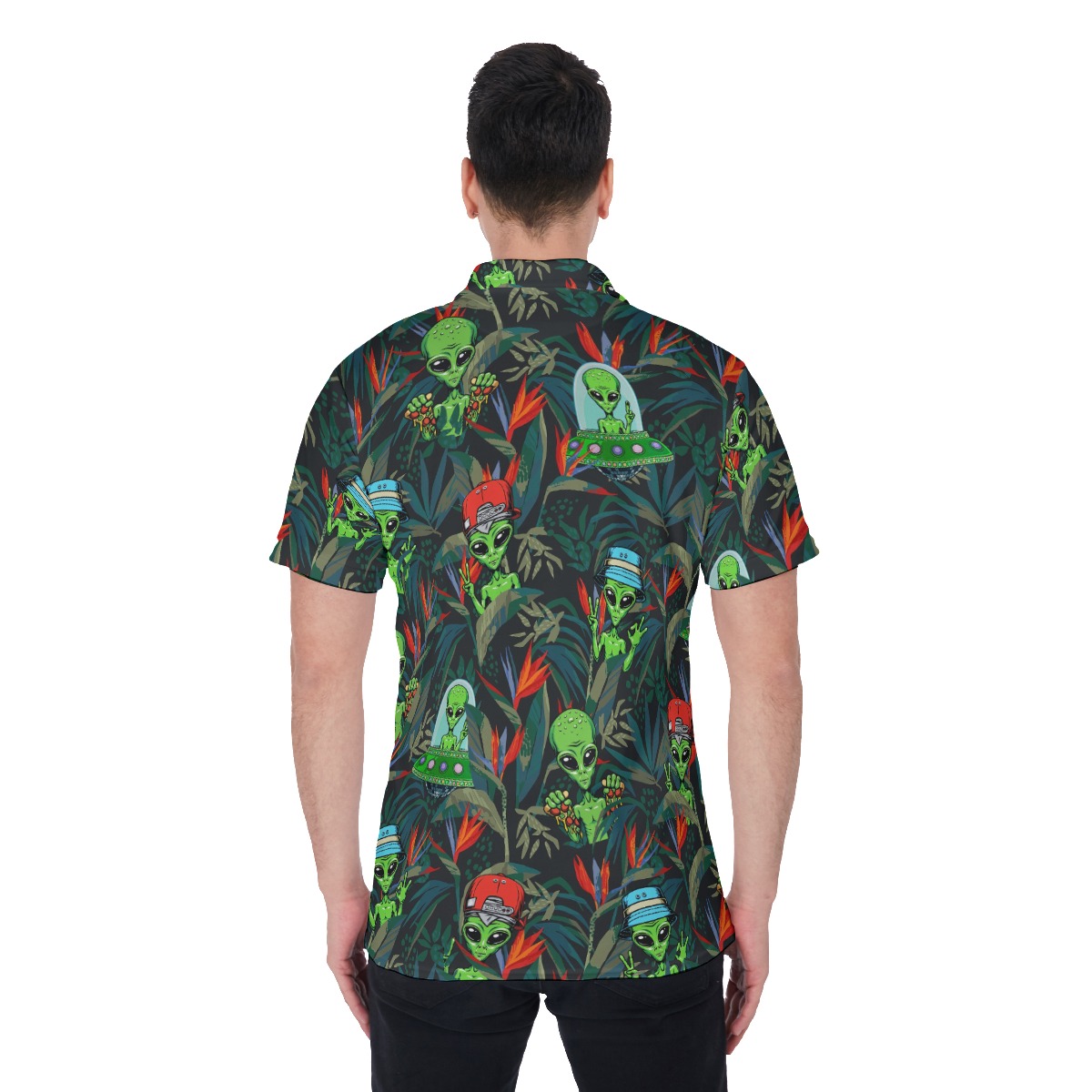 Tropical UFO Alien Green Hawaiian Polo Shirt For Men