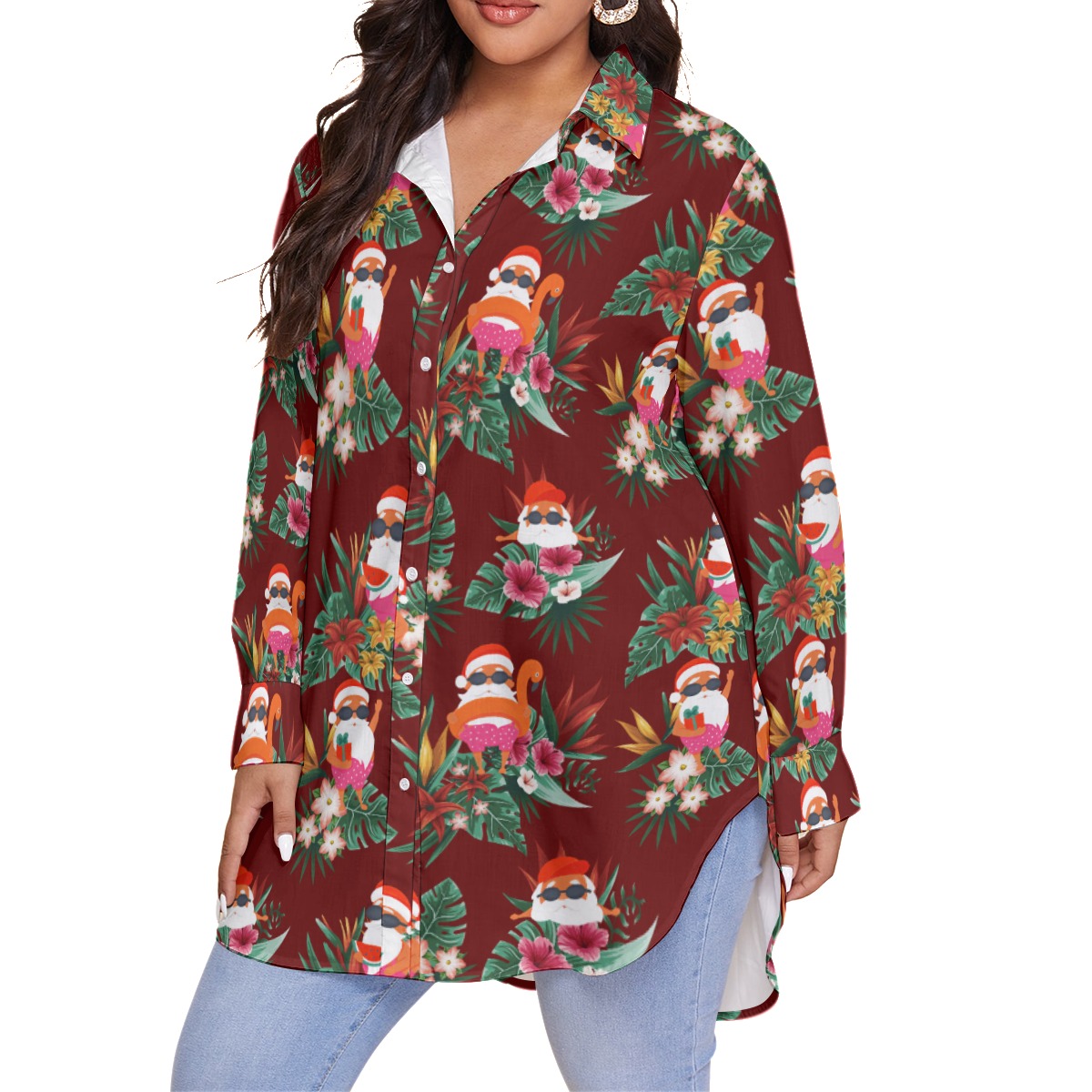 Cute Santa Plus Size Hawaiian Christmas Shirt For Women