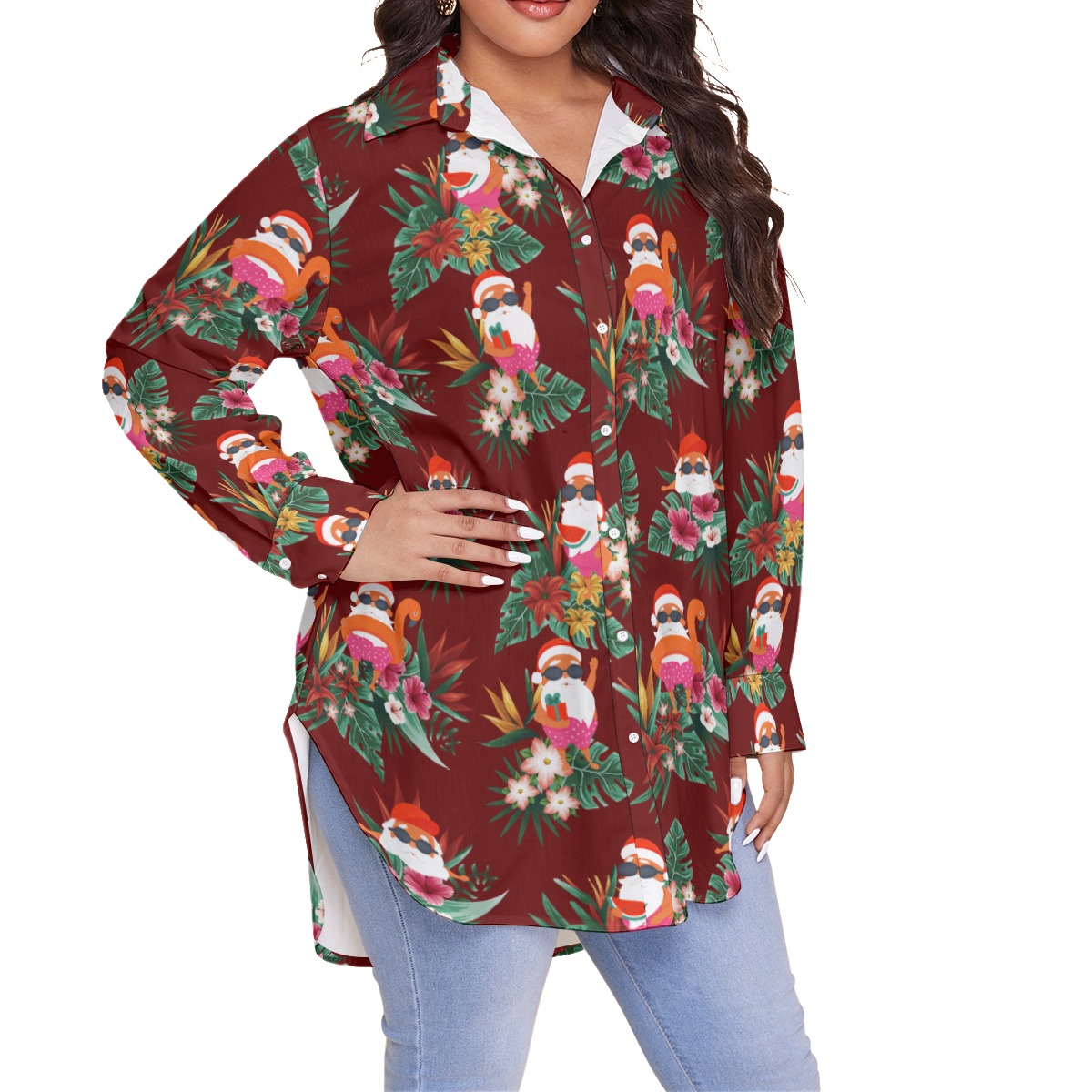 Cute Santa Plus Size Hawaiian Christmas Shirt For Women