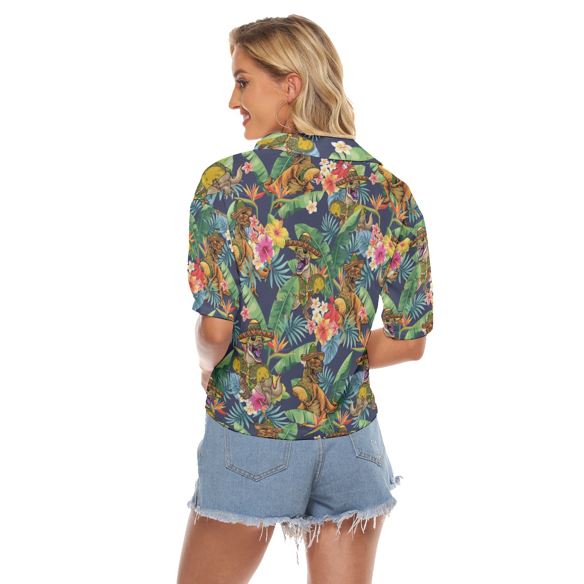 Tropical Hibiscus Dinosaur Taco Hawaiian Crop Top Shirt For Women