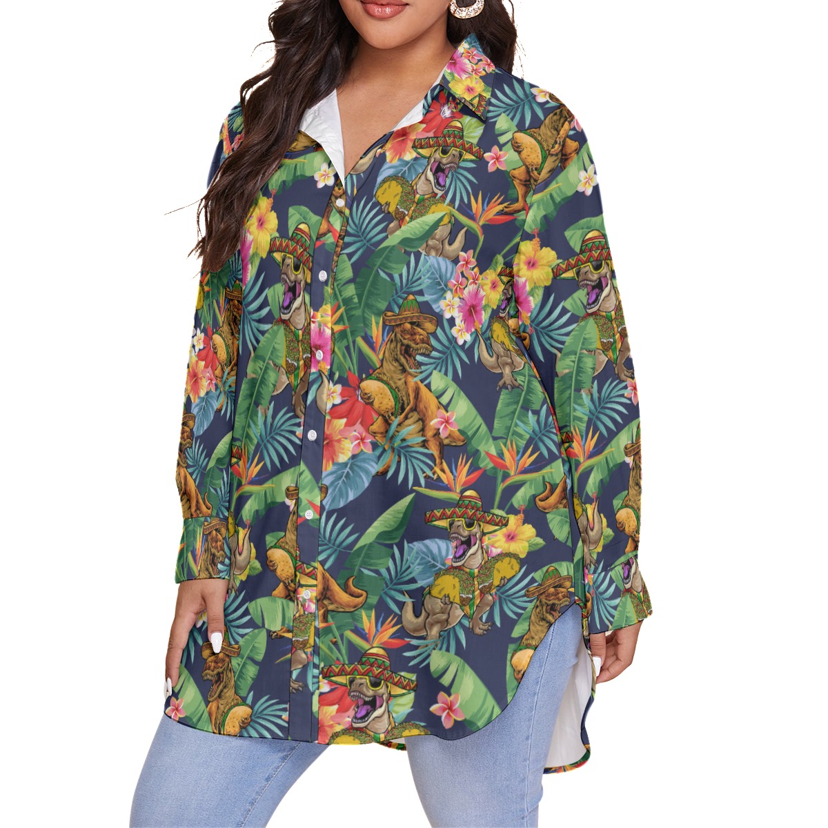 Funny Taco Dinosaur Tropical Hibiscus Hawaiian Plus Size Shirt For Women