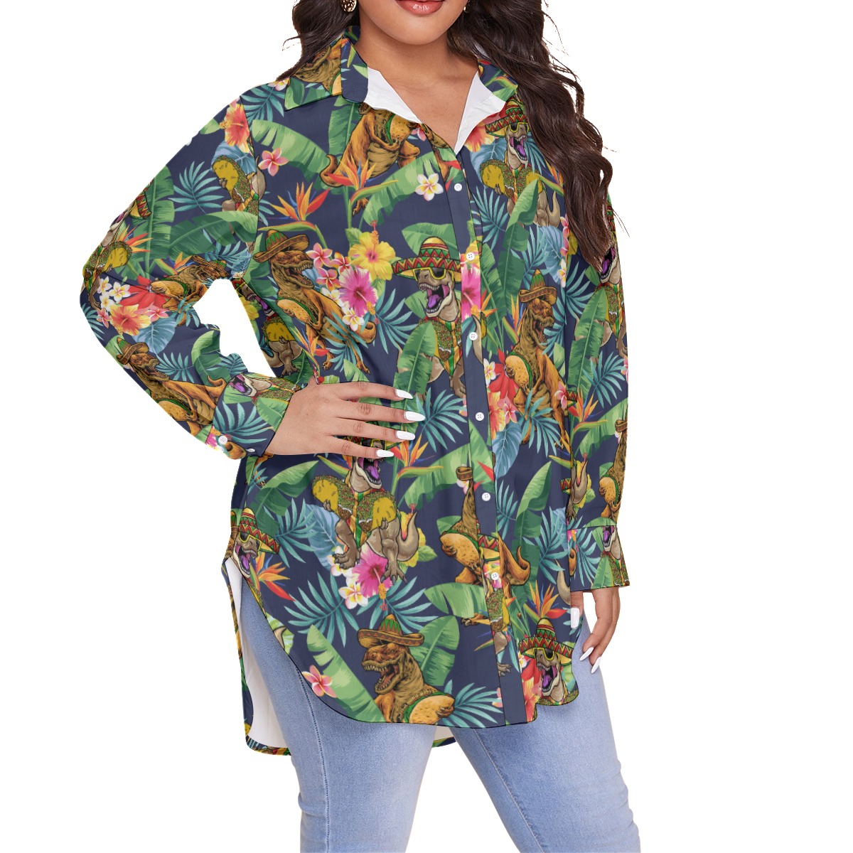 Funny Taco Dinosaur Tropical Hibiscus Hawaiian Plus Size Shirt For Women