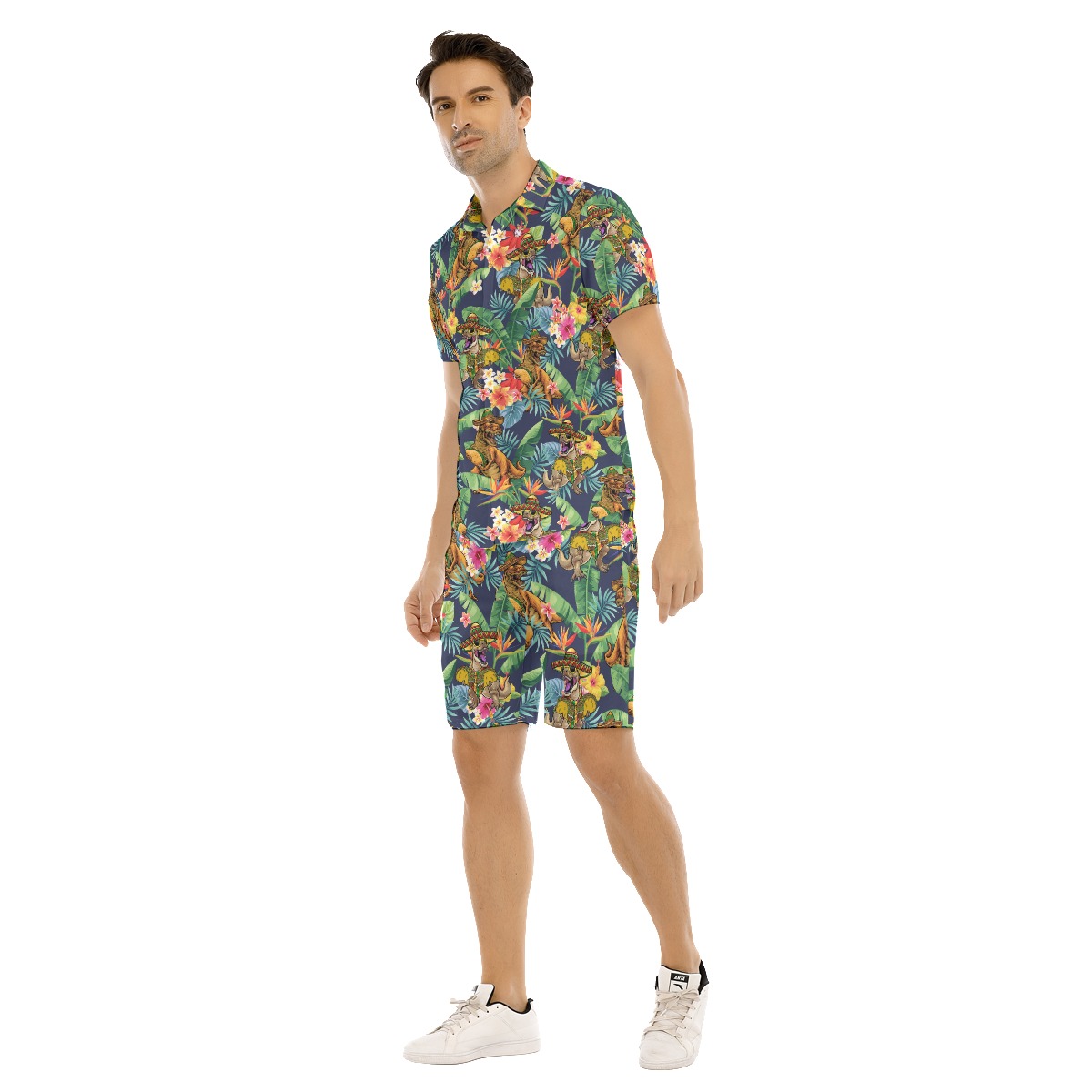 Set Tropical Dinosaur Taco Flowers Hawaiian Shirt And Matching Shorts For Men