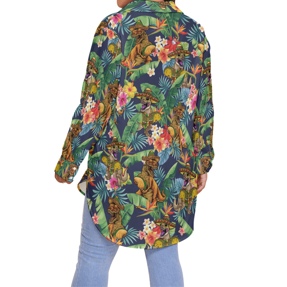 Funny Taco Dinosaur Tropical Hibiscus Hawaiian Plus Size Shirt For Women