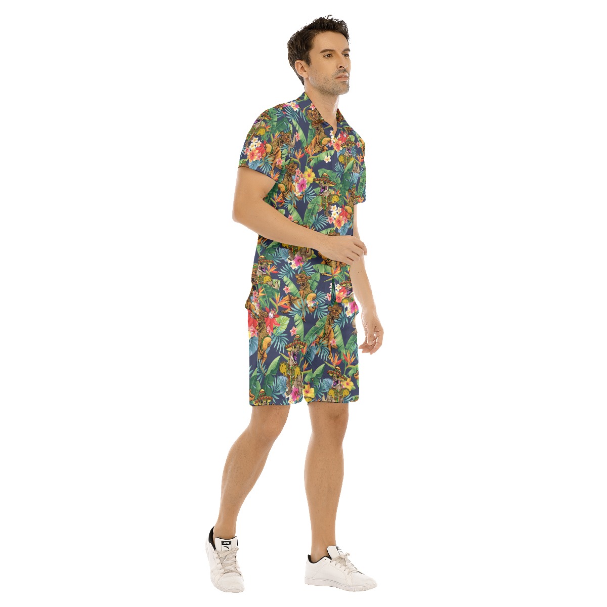 Set Tropical Dinosaur Taco Flowers Hawaiian Shirt And Matching Shorts For Men
