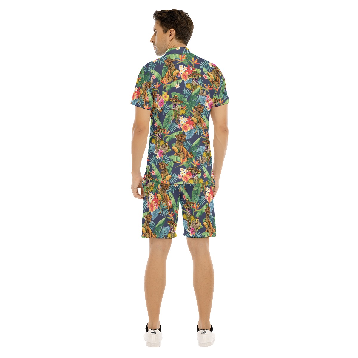Set Tropical Dinosaur Taco Flowers Hawaiian Shirt And Matching Shorts For Men